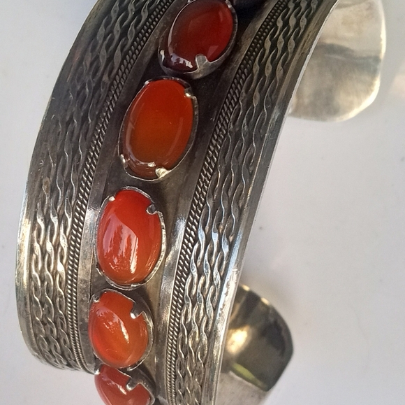Sterling Silver Carnelian Wide Statement Cuff Bracelet - Picture 7 of 12